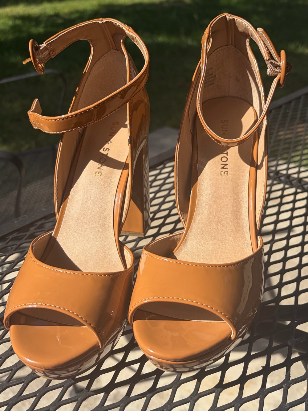 Sun + Stone Women's Caramel Patent Platform Block Heels